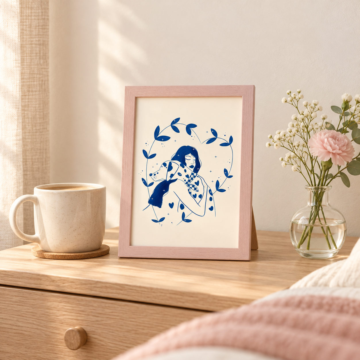 Pink-framed woman and dog bedside vignette.png