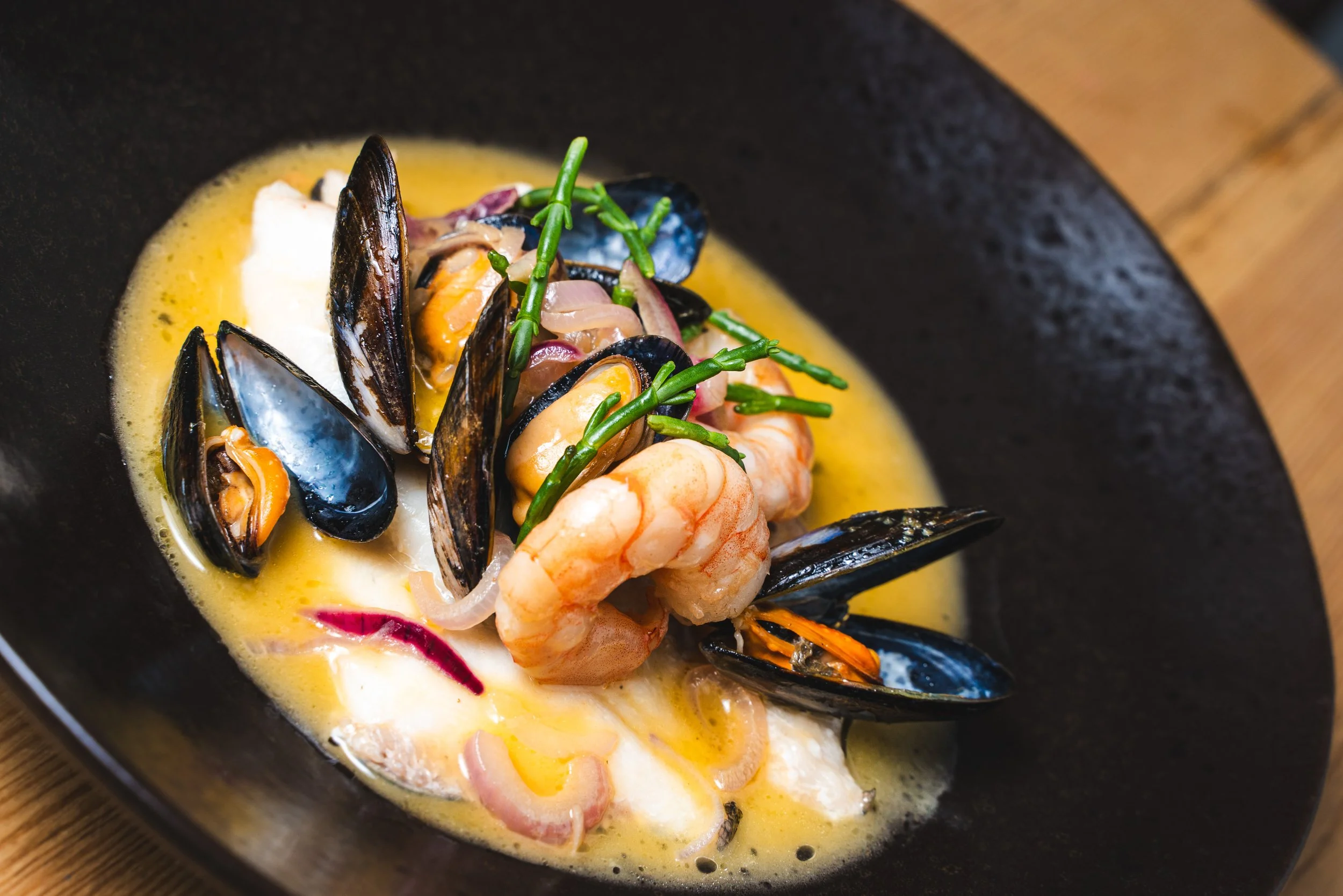 Seafood stew with prawns, mussels and fish in a saffron-style sauce at The Bay Horse.
