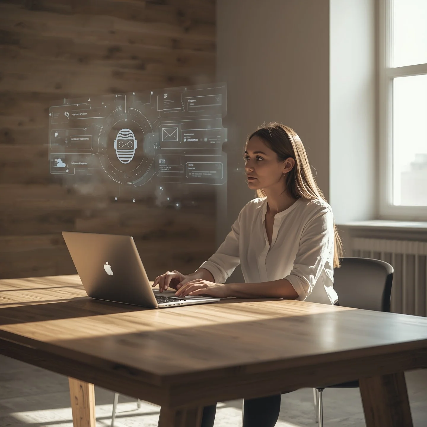 Junge Frau arbeitet an einem Laptop mit futuristischer Hologramm-Digitalanzeige im Raum mit Holzwand und Fenster.