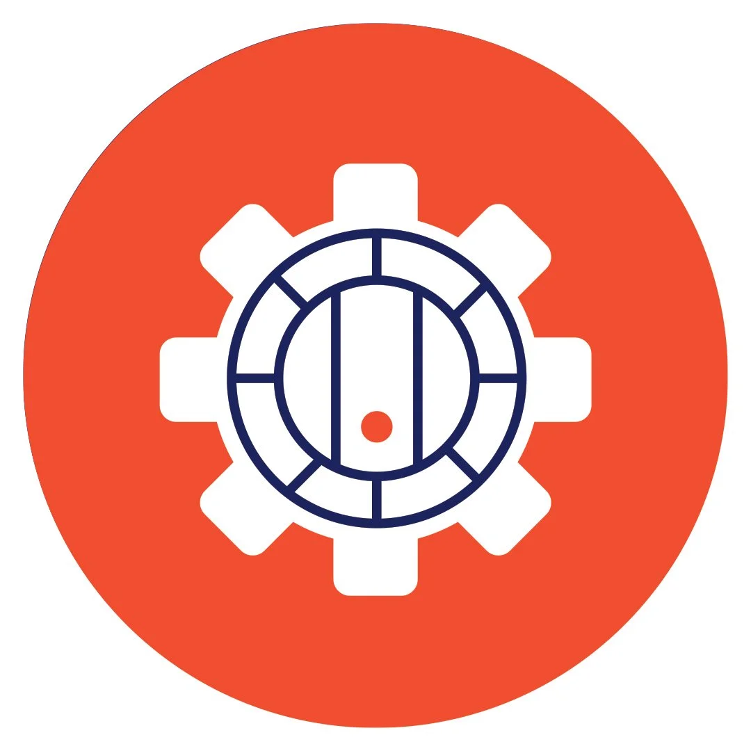 Illustration of a wine barrel within a cogwheel design, set against a orange circular background.