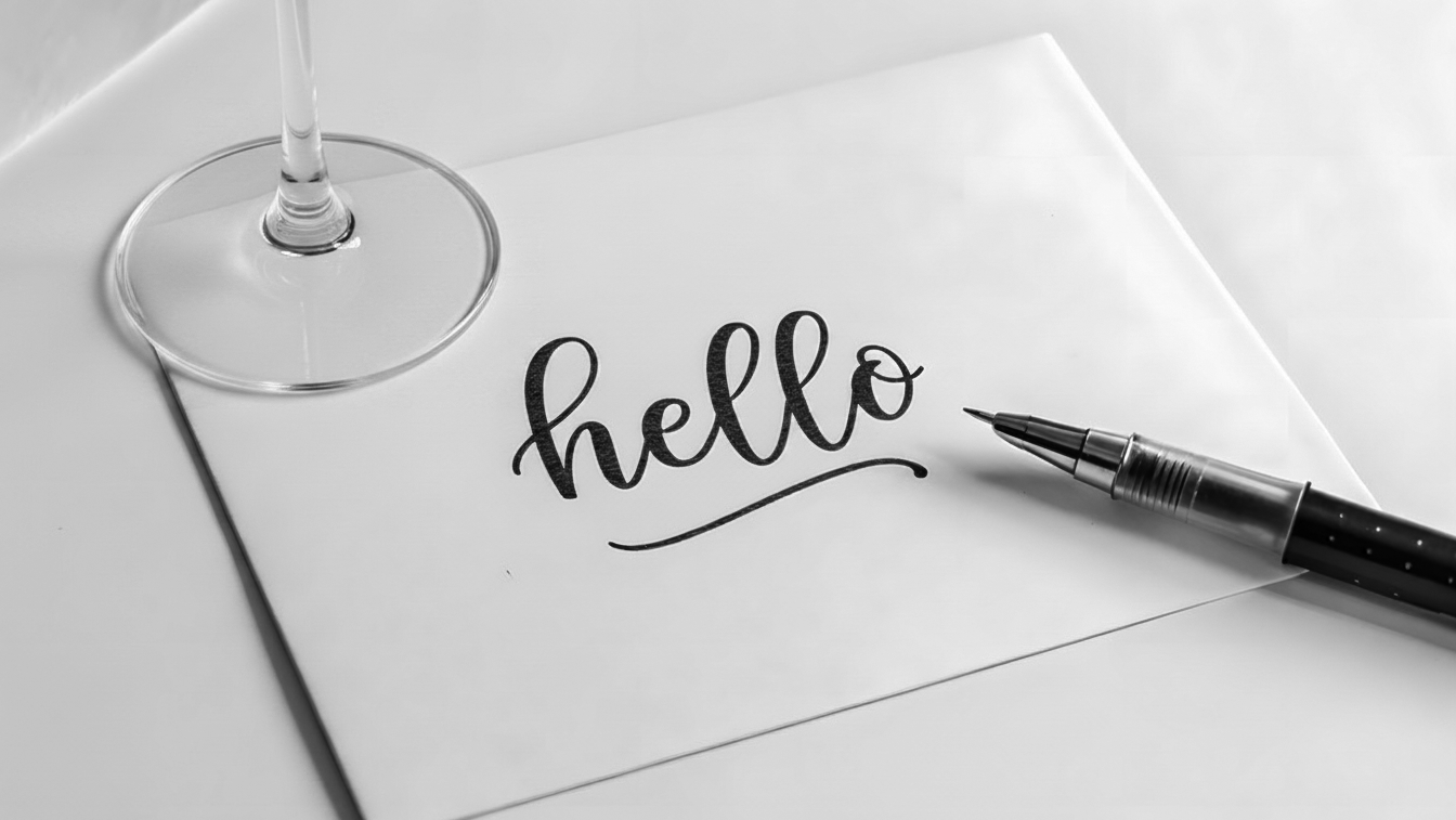 A handwritten note with the word 'hello' written in cursive on a white piece of paper. A glass of water with a long stem and a pen are placed nearby.