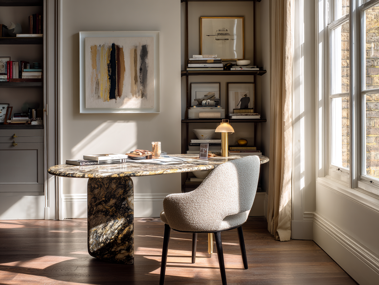A home office with a marble-topped desk near a window, a modern upholstered chair, bookshelf, and abstract artwork, illuminated by natural sunlight.