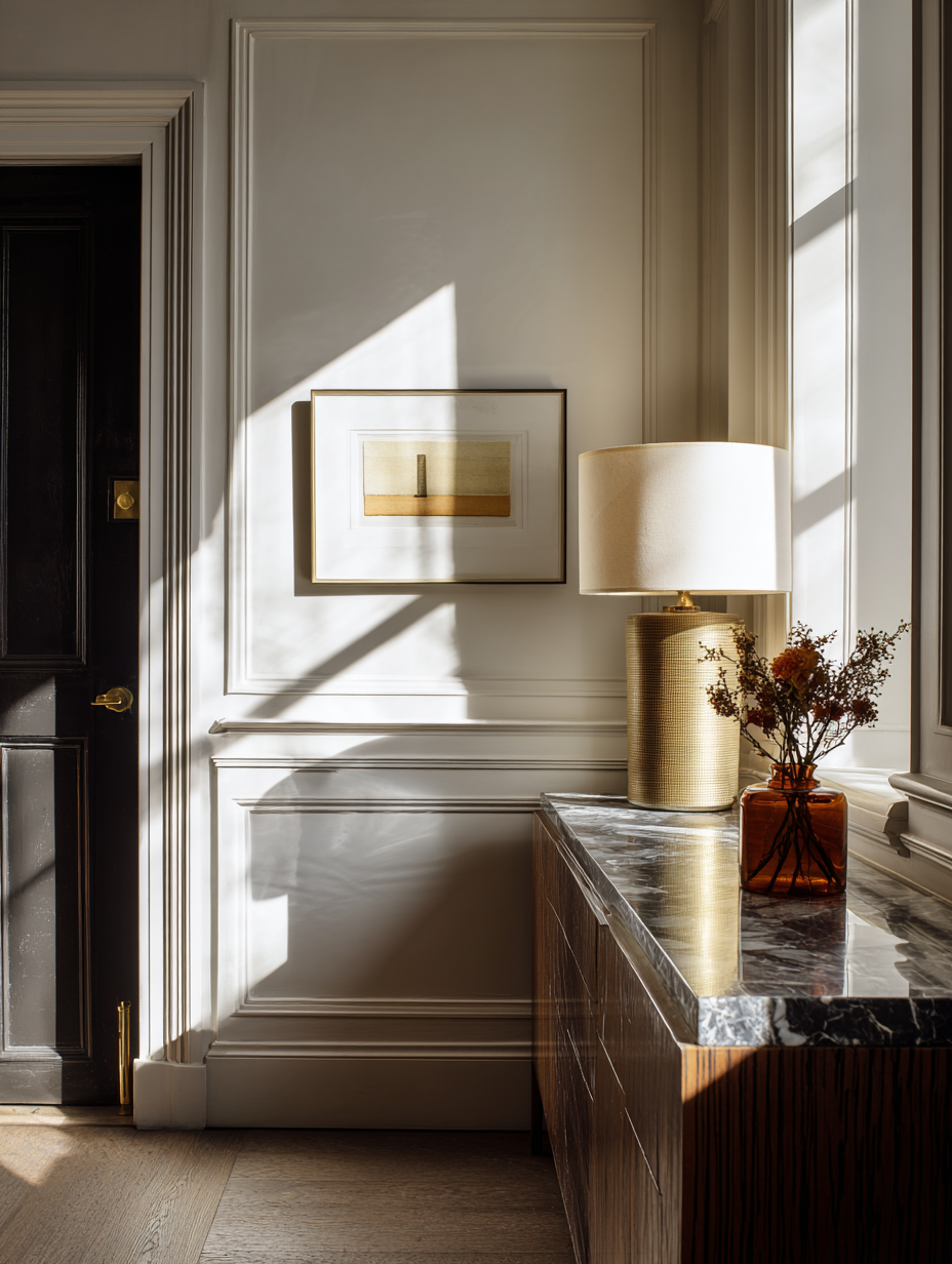 Panelled interior with a marble-topped sideboard and brass lamp