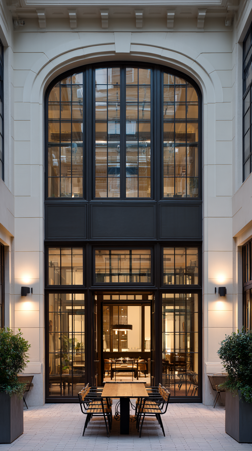 Exterior view of a stylish building with large black-framed glass windows and double glass doors, showcasing an interior dining area with a table and chairs, illuminated by warm lighting, flanked by potted plants and outdoor seating.