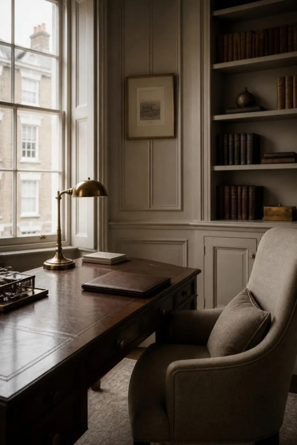 A quiet private study in a London townhouse with a walnut desk and sash window
