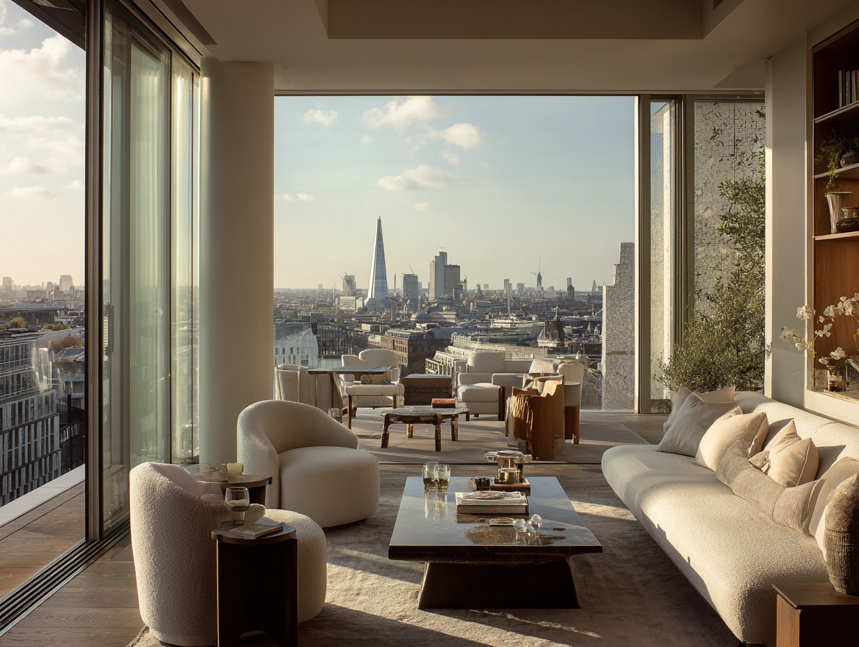 London apartment living room with views over the city skyline