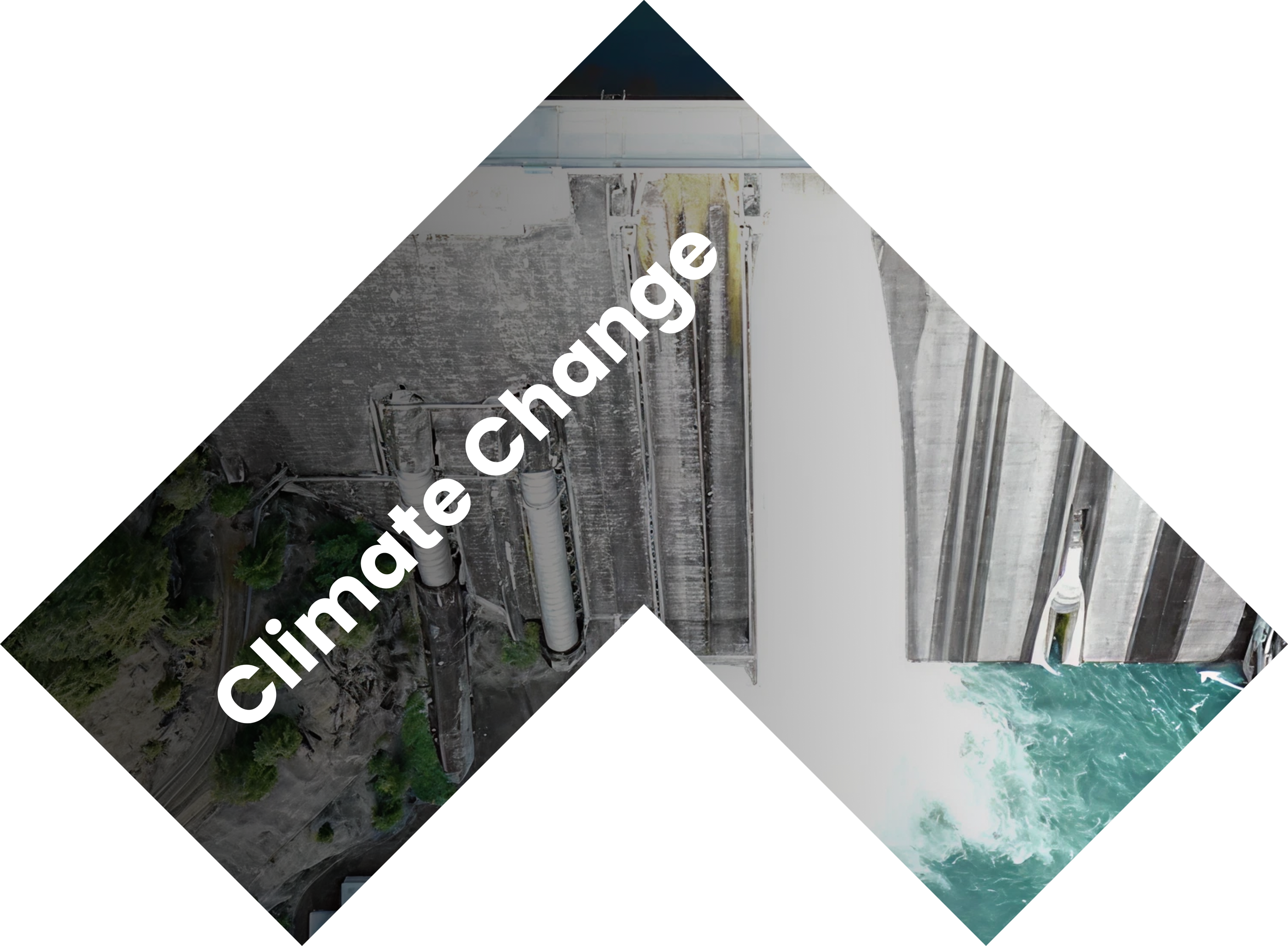 A hydroelectric dam releasing water into a river below, with the words 'climate change' diagonally across the image.