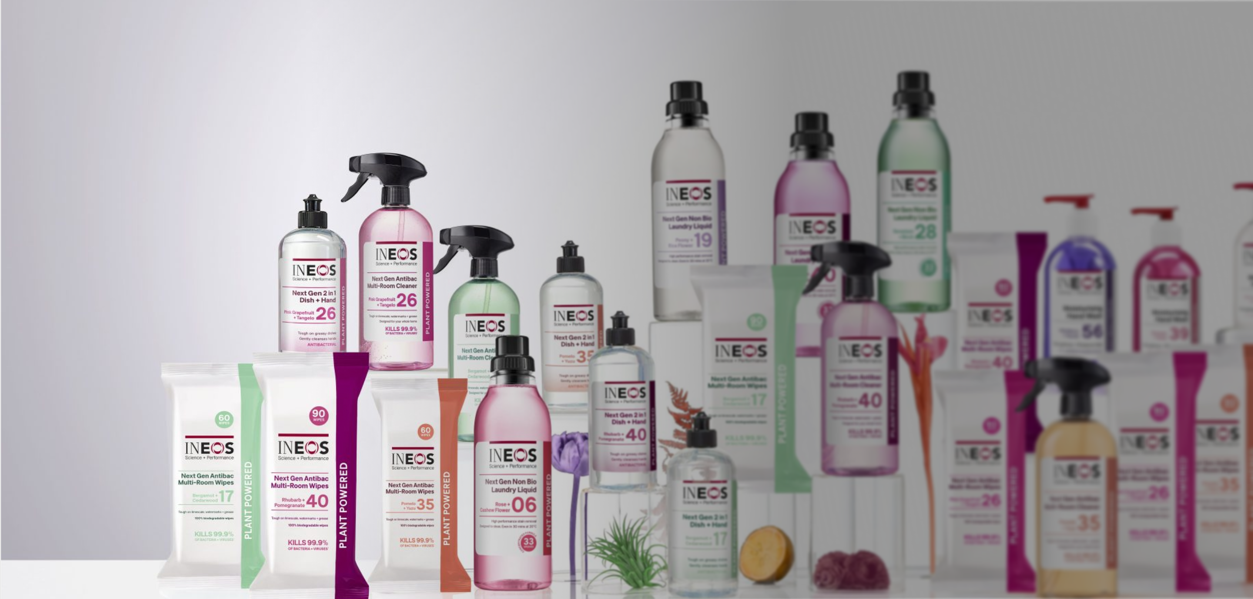 A variety of cleaning and disinfecting products from the INEOS brand, including sprays, bottles, and wipes, arranged on a white surface against a plain background.