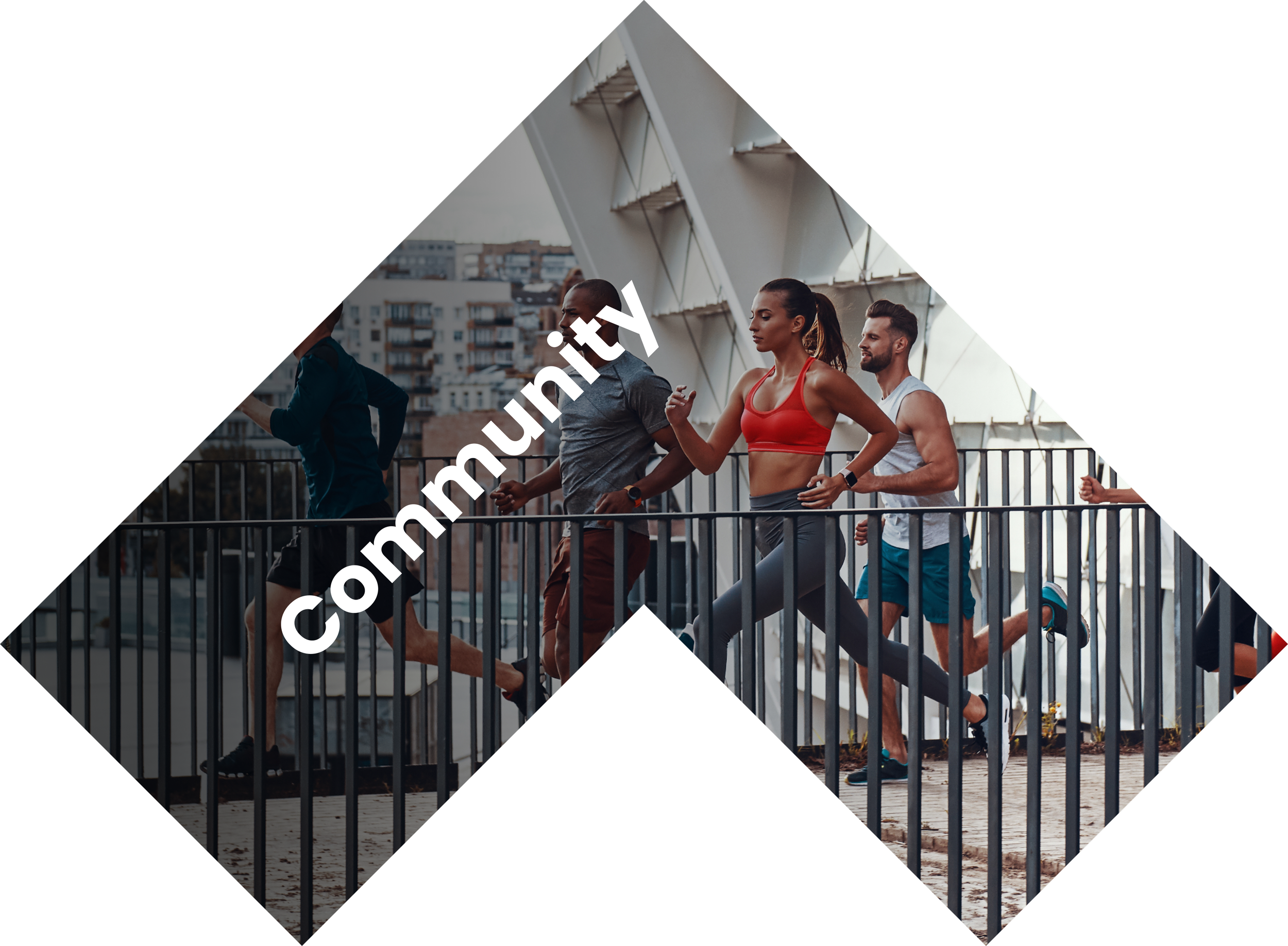 Four people jogging on a city rooftop, with a woman in a red sports bra and gray leggings leading.