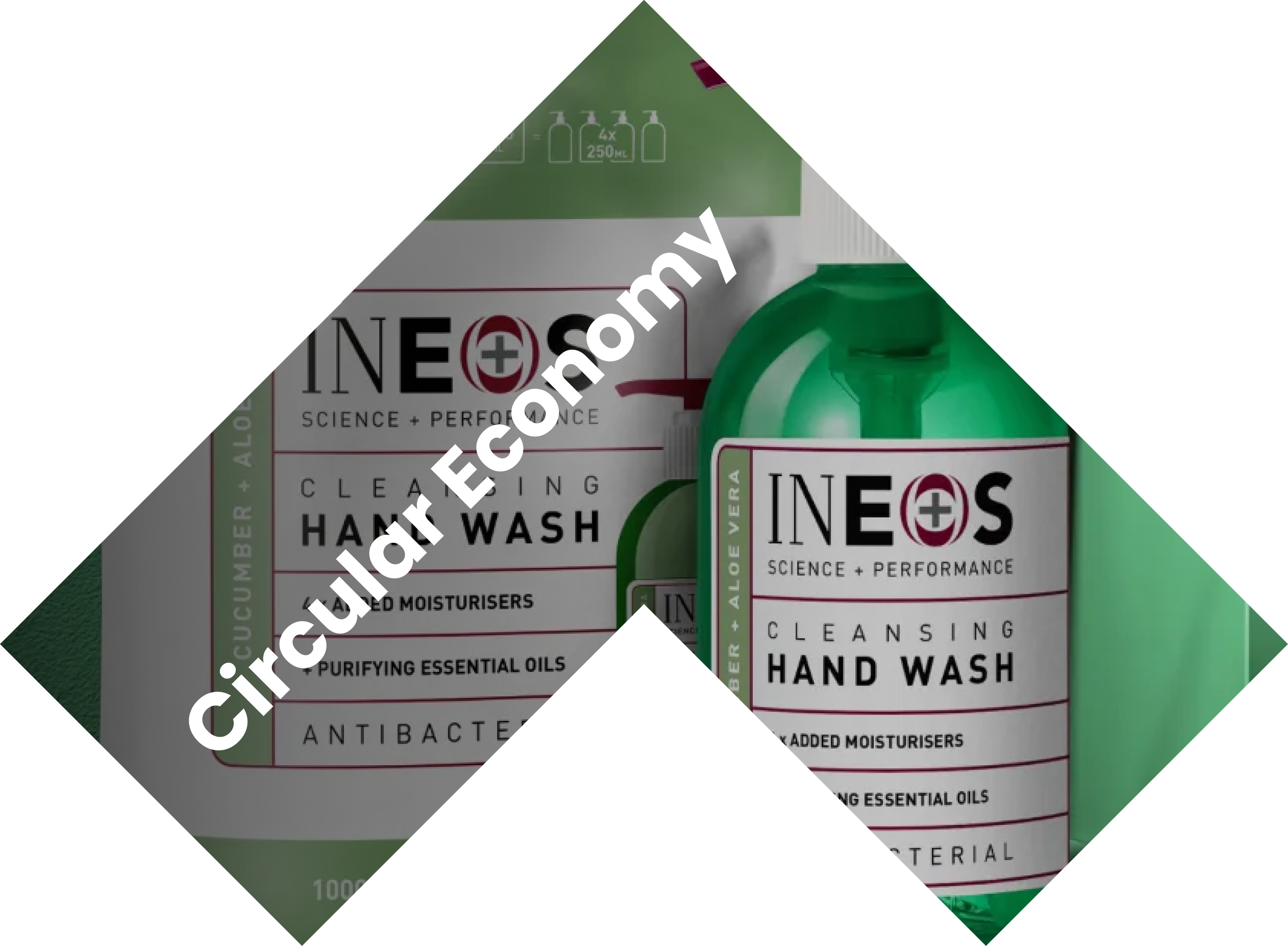 Bottle of INEOS cleansing hand wash with green pump dispenser and part of its packaging box visible in the background.