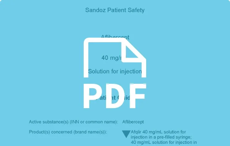 Image of a medical document or informational sheet with a blue background. Text references Sandoz Patient Safety, Aflibercept, 40 mg/mL, solution for injection, and active substance Aflibercept.