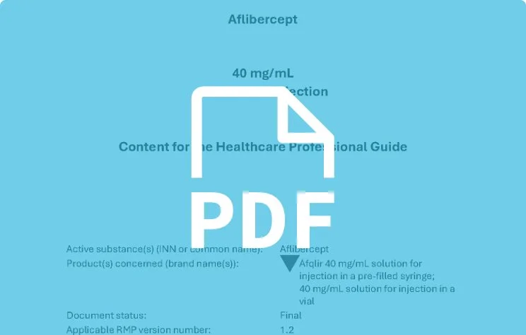 PDF document titled 'Aflibercept 40 mg/mL injection' for healthcare professionals, showing drug details and usage information.