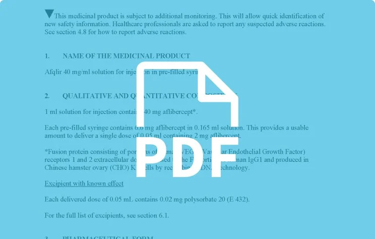 Page with healthcare and medical product information, including sections about the medicinal product name, dosage, and ingredients, with some text highlighted in blue.