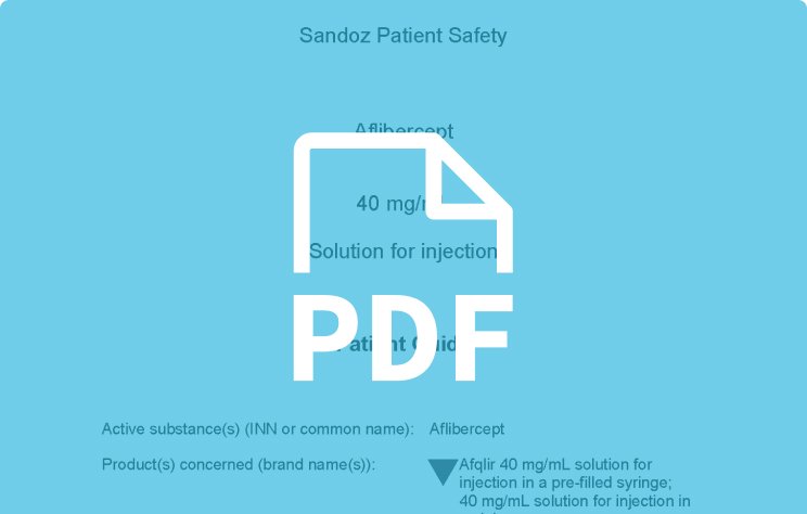 A medical PDF document titled 'Sandoz Patient Safety' about Afibrcept, a 40 mg/mL solution for injection, discussing active substance and product details.