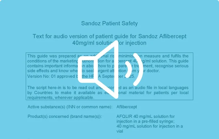 Sandoz Patient Safety guide for Afrilcept 40mg/mL injection, blue background with white text and a white medical symbol.