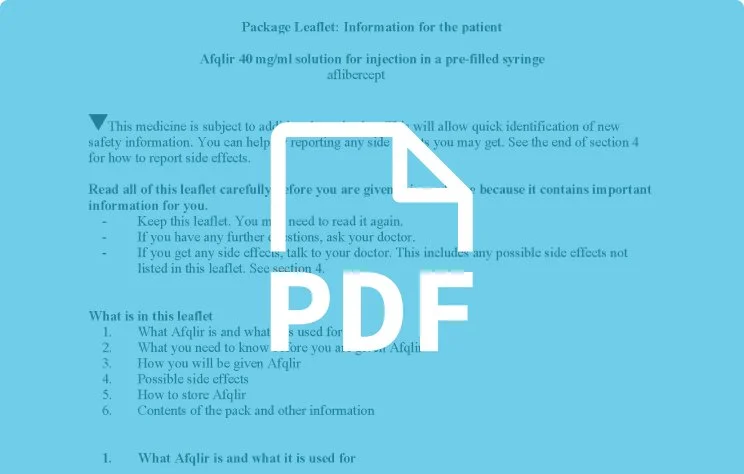 A PDF document titled 'Package Leaflet: Information for the patient' about Afglir 40 mg/ml solution for injection in a pre-filled syringe. The document contains instructions, important safety information, and side effect reporting details.