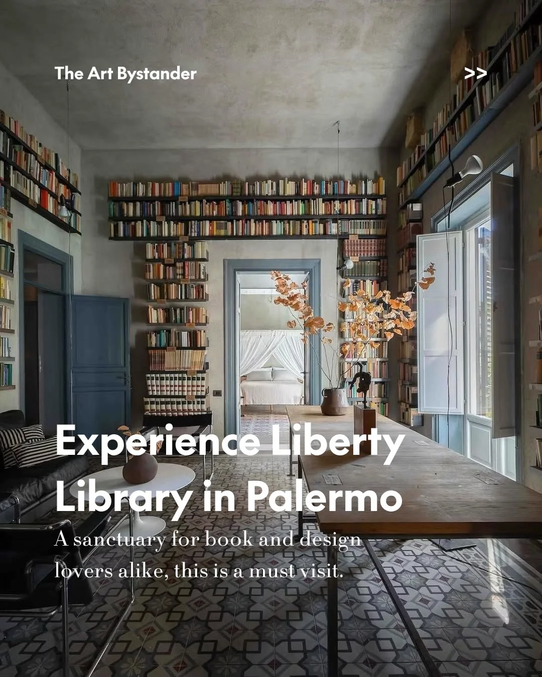 A must visit: Liberty Library, Palermo.

Inside a second-floor Art Nouveau apartment in Palermo&rsquo;s Politeama-Libert&agrave; district, books, tiles, colour, and history come together with rare ease.

Created by artist and designer Giuseppe Amato,