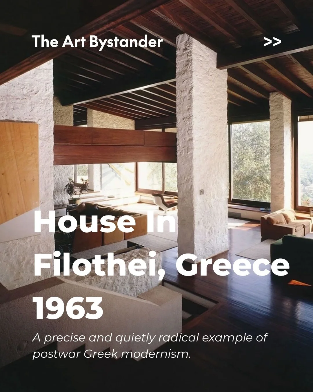 Nicos Valsamakis, House in Filothei, 1963.

Postwar Greek modernism at its most precise, and quietly its most radical.

The geometry here is not cold. It is calibrated. Textured surfaces soften it, shaded thresholds slow it down, and the plan opens o