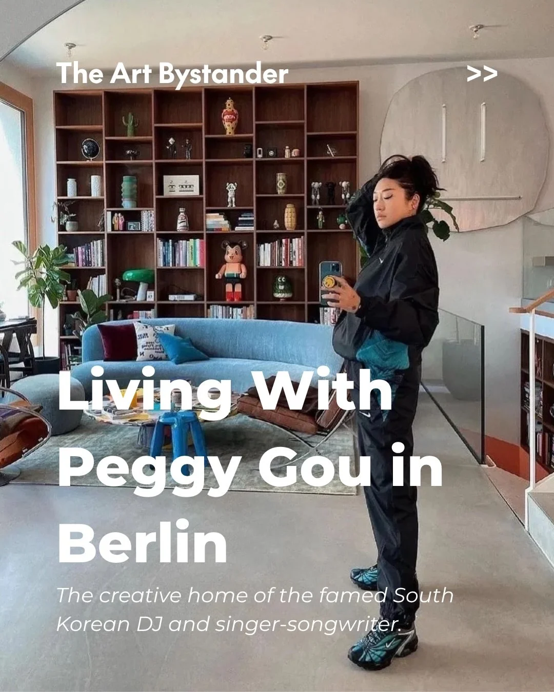 The ecclectic Berlin apartment of Peggy Gou, the acclaimed South Korean DJ, producer and singer-songwriter. 

In the much-shared 2020 iteration seen here, a powder-blue 370 sofa by Pierre Augustin Rose sits against bespoke floor-to-ceiling shelving b