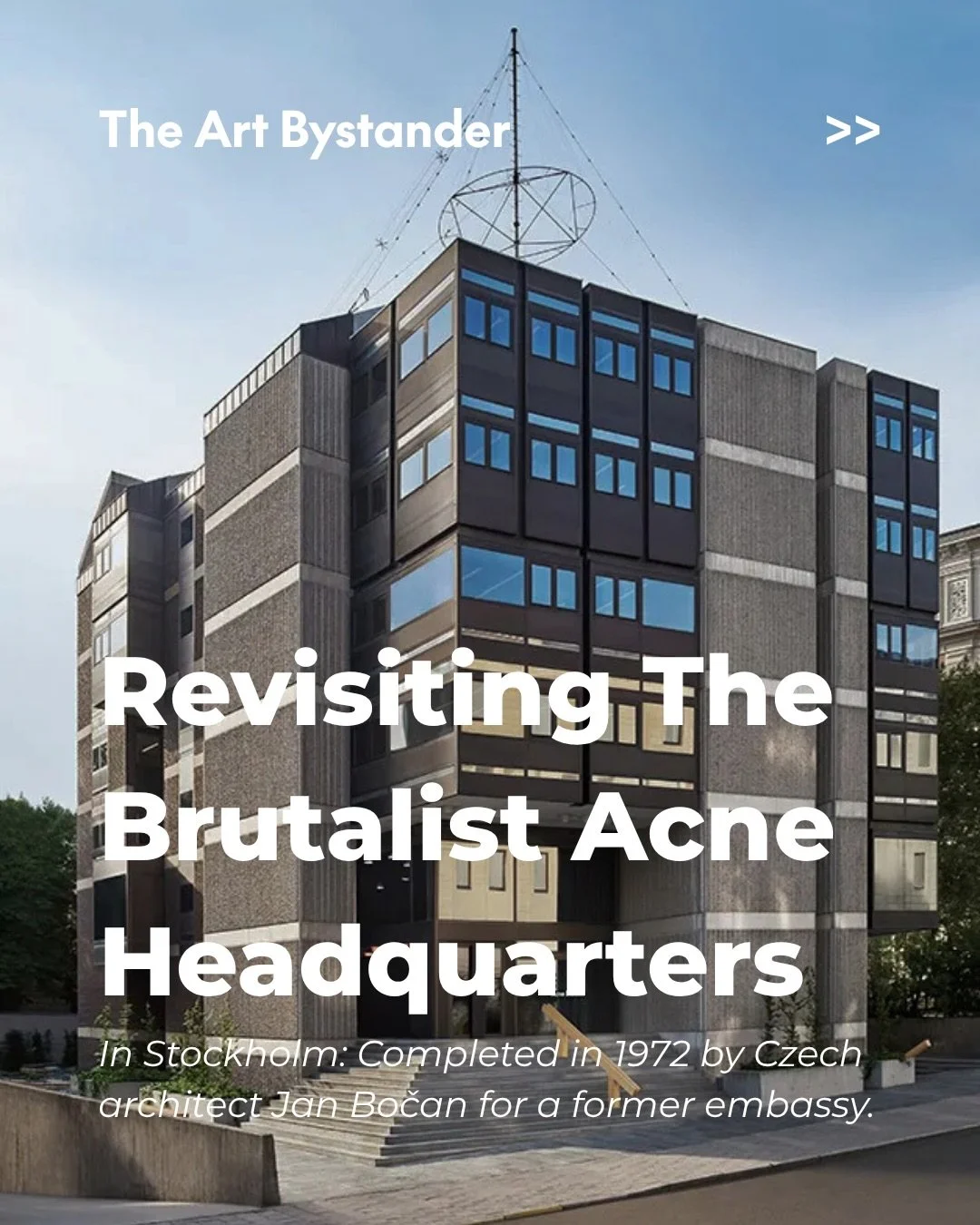 At Floragatan 13 in Stockholm, Sweden, architecture is not a container for the brand. It is how Acne Studios explains itself.

The ten-storey building was completed in 1972 as the Embassy of Czechoslovakia, designed by Czech architect Jan Bočan. Conc
