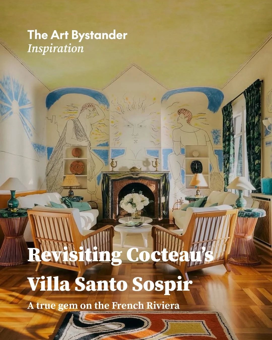 Villa Santo Sospir was built in 1930 and bought in 1948 by Alec and Francine Weisweiller, who handed the interiors to Madeleine Castaing. Castaing furnished it as a summer house in bamboo and wicker, and because it was only ever meant for summers she