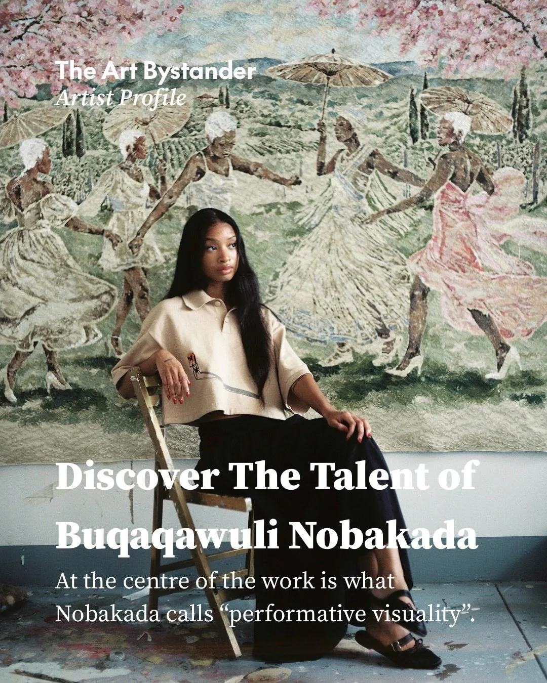 Buqaqawuli Nobakada @buqaqawuli.nobakada paints Black women into futures they have too rarely been given the space to imagine. They recline beside swimming pools, move through gardens and inhabit grand interiors with complete ease. They are not visit