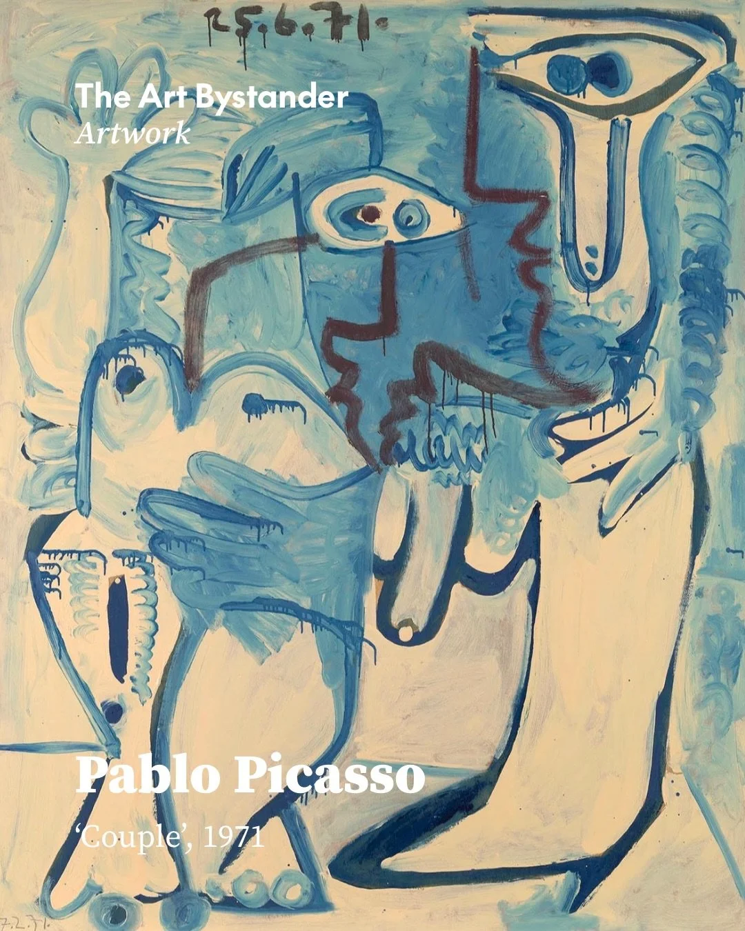 Picasso was 89 when he finished Couple in Mougins on 25 June 1971, although dates inscribed on the panel reveal that he had been working on it since February. This is worth noting because his late paintings are so often described as products of pure 