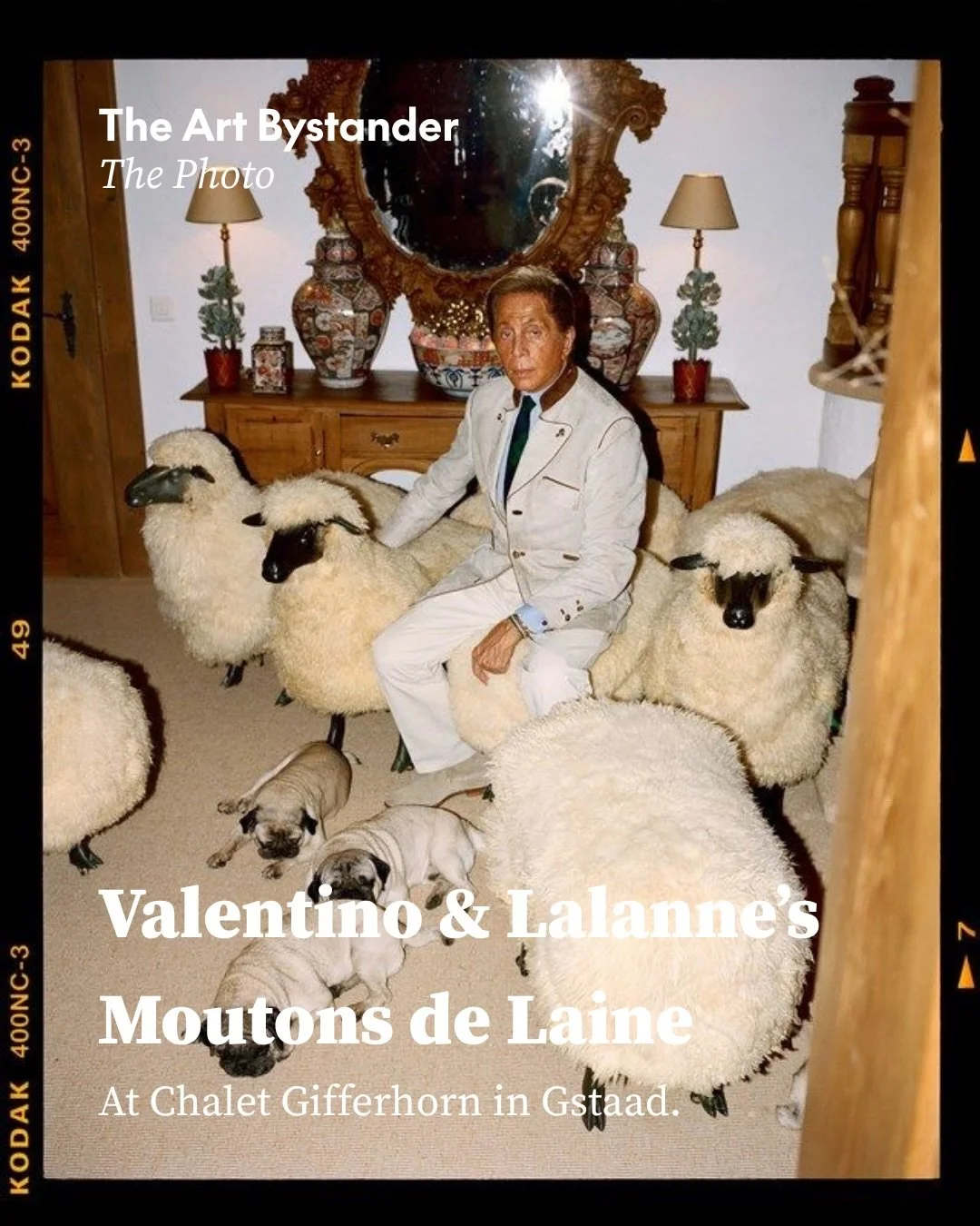 Valentino Garavani, immaculate in white, seated at Chalet Gifferhorn in Gstaad among three pugs and a flock of Fran&ccedil;ois-Xavier Lalanne&rsquo;s Moutons de Laine. Photographed by Lukas Wassmann in 2010, the image feels less staged than perfectly
