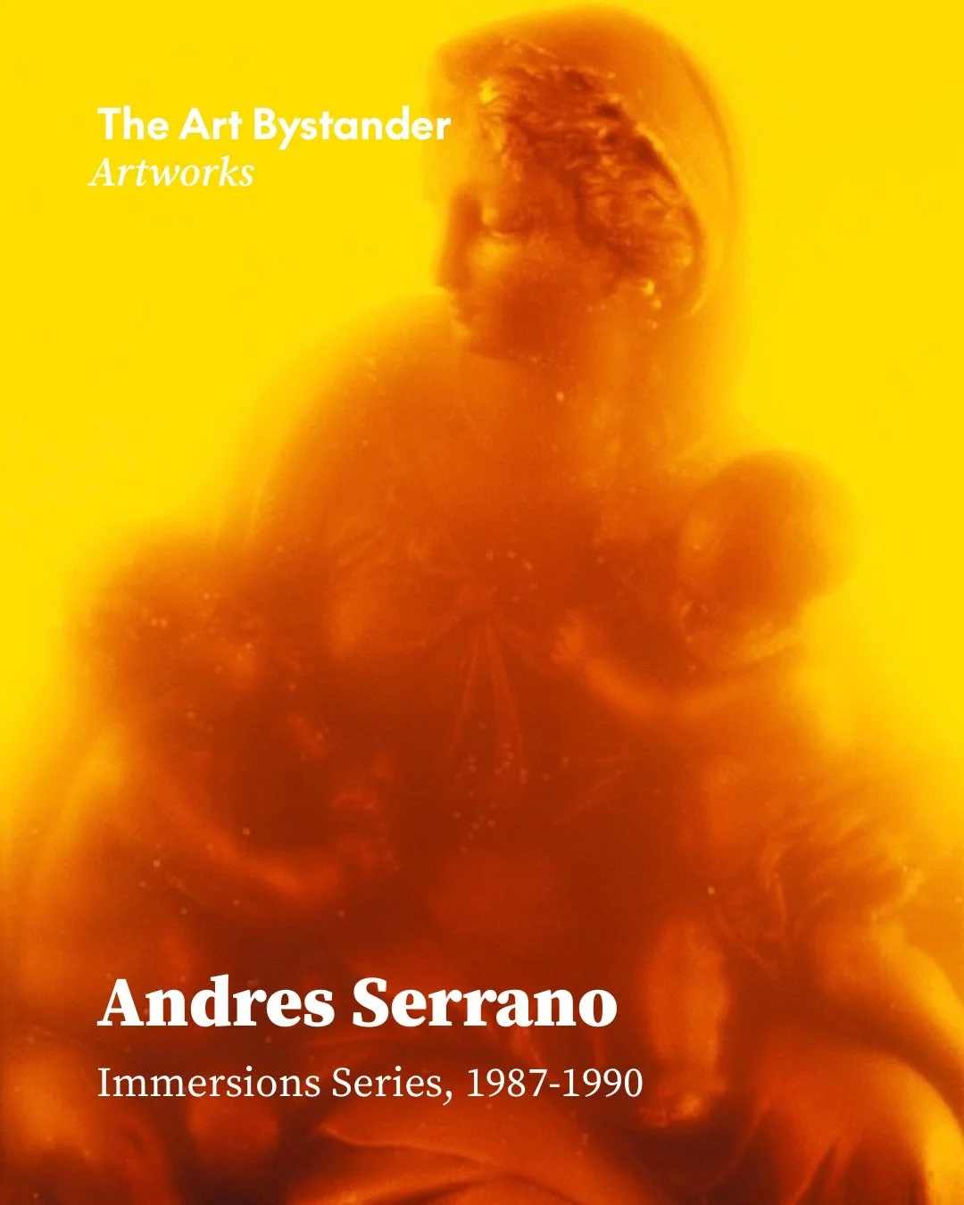 Andres Serrano made the Immersions series between 1987 and 1990, submerging devotional objects and statuettes in urine, blood and milk and photographing them in rich, saturated colour. The liquids soften and distort the objects while giving them an u