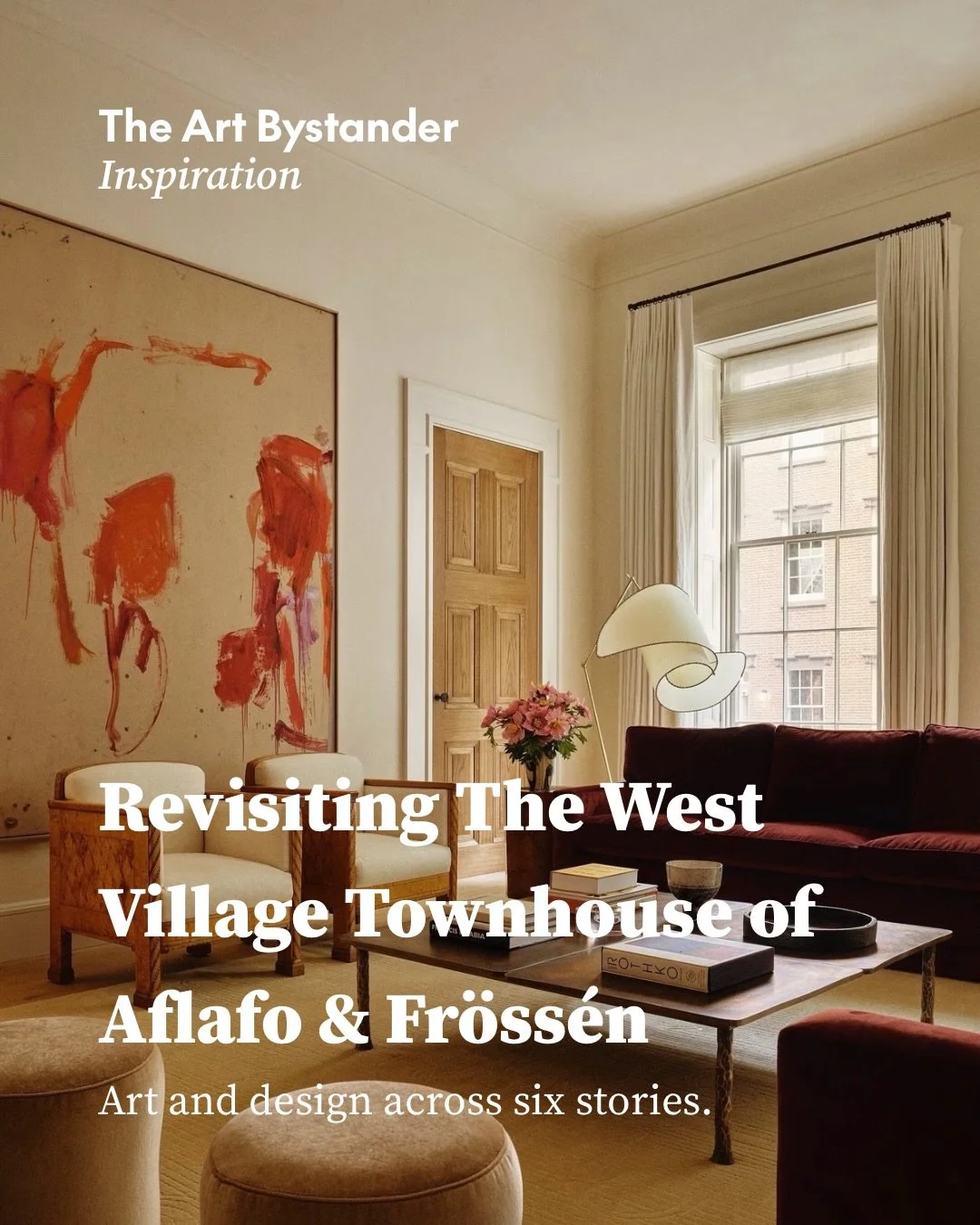 At the heart of Yael Aflalo @yaya_aflafo and Ludvig Fr&ouml;ss&eacute;n&rsquo;s @frossen West Village townhouse is the art. A vast painting by Martha Jungwirth fills the living room, a Tal R sculpture stands by the windows and Sigmar Polke hangs in t
