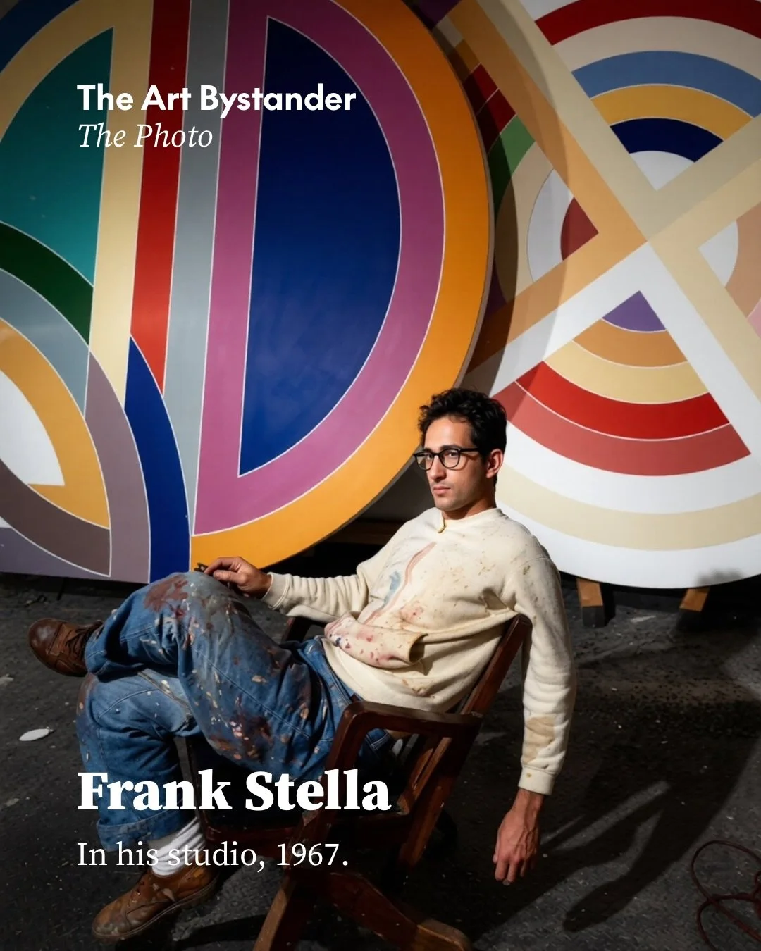 When Arnold Newman photographed Frank Stella in his New York studio in 1967, Stella was only thirty, yet already one of the most consequential painters of his generation.

He sits low in the frame, cigarette between his fingers and paint across his c