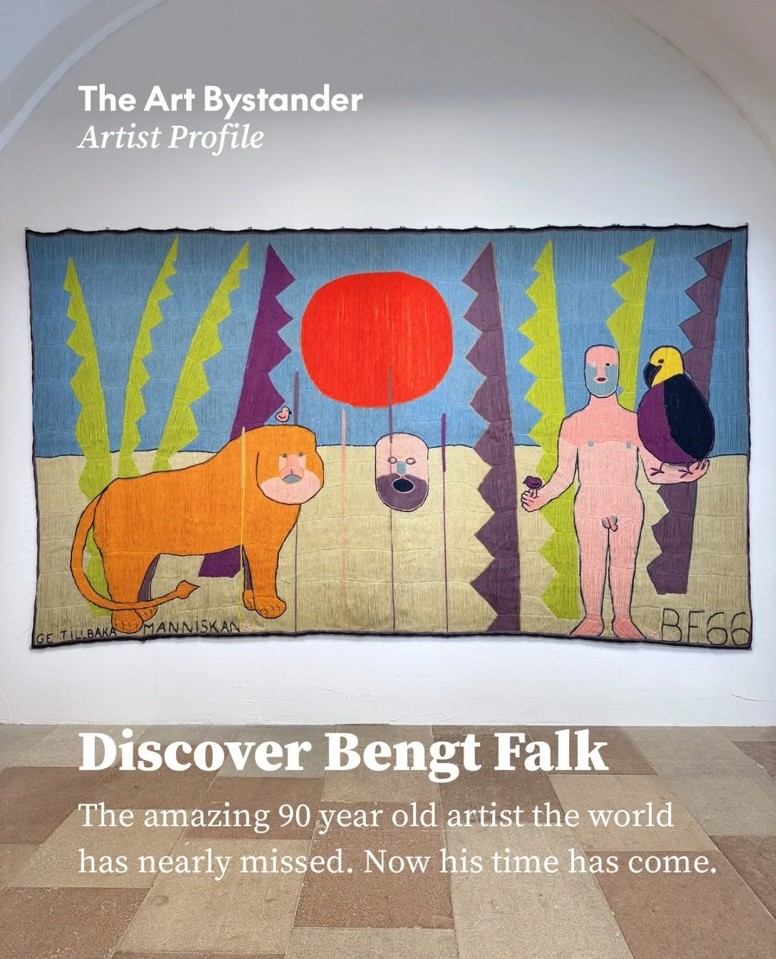 Some discoveries come scandalously late. Bengt Falk is 90 years old. For over six decades, he has worked from his home in H&ouml;gsbo, Gothenburg, producing around 500 embroidered works. Now CFHILL @cfhillofficial presents M&auml;nniskan och livet, h