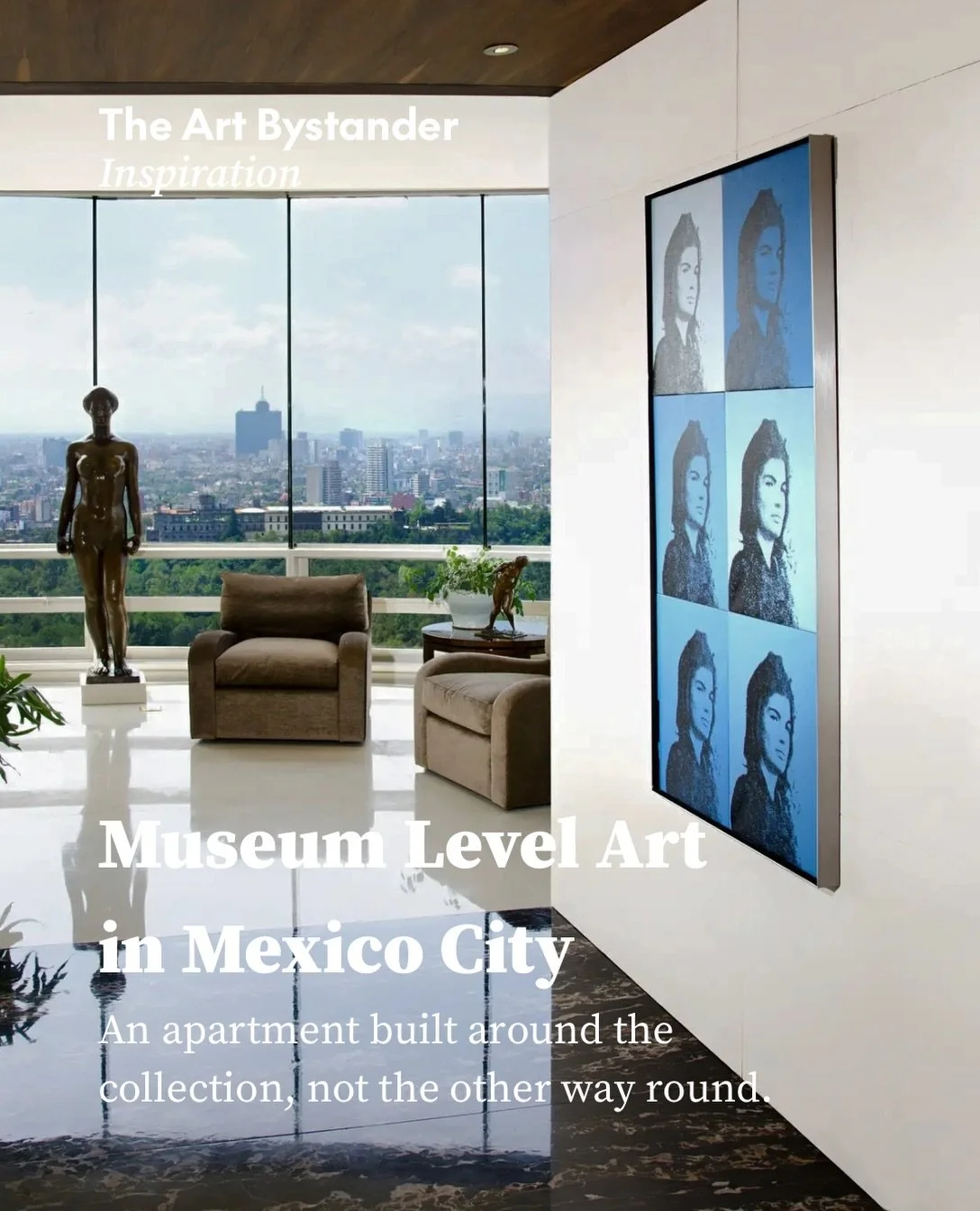 Frida Kahlo above a cabinet. Andy Warhol&rsquo;s Jackie Kennedy repeated six times in blue around the corner. This is not an apartment with art added to it. It is a private collection that required an apartment.

Roric Tobin Designs created this doub