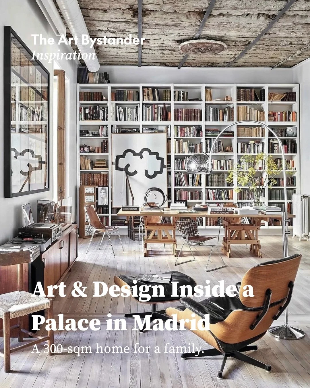 On the second floor of a 19th-century palace in central Madrid, architect Jon Albistur transformed a former showroom into a 300-square-metre home for a family of four. Exposed timber beams, reclaimed pine flooring and salvaged doors give the rooms a 