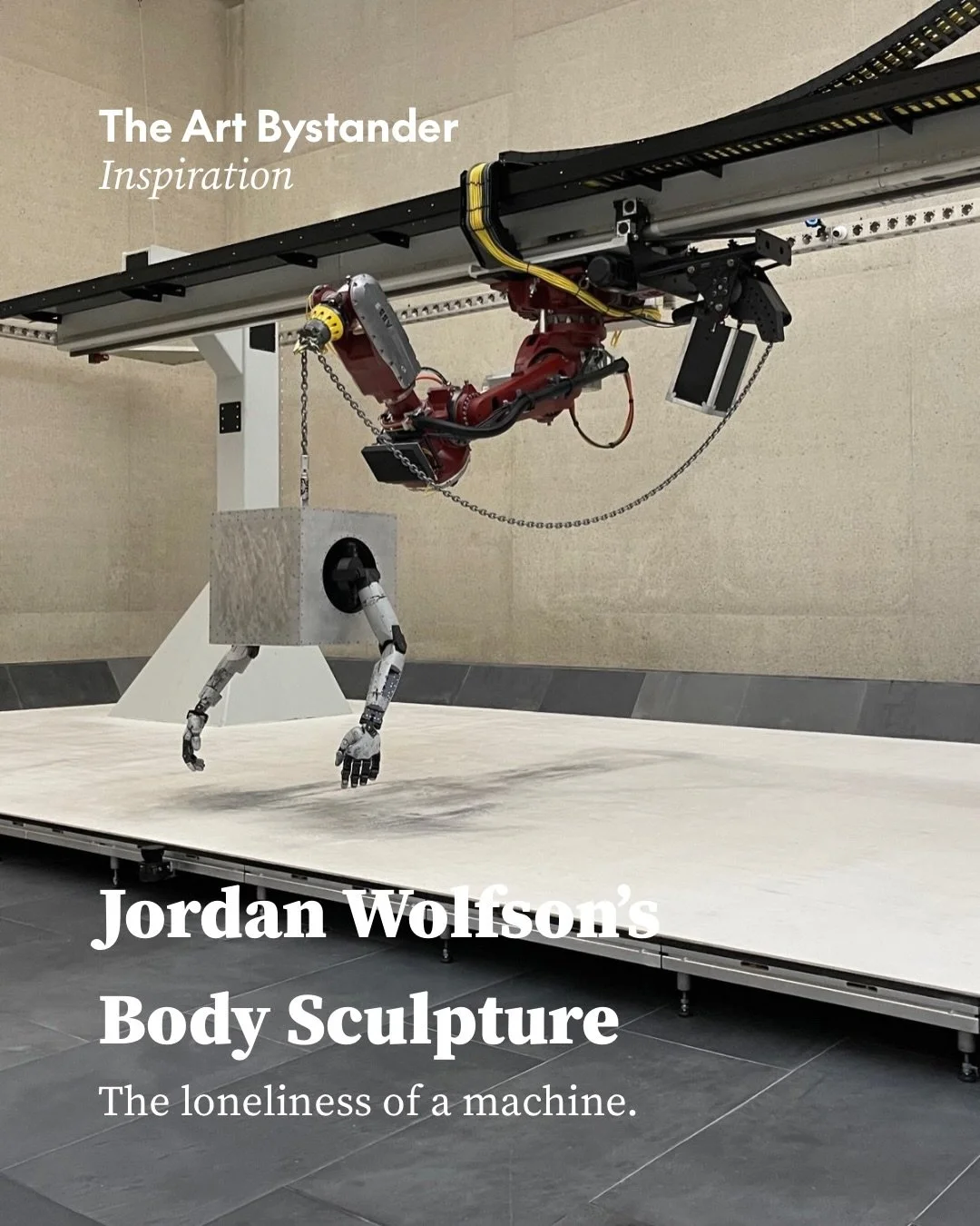 Jordan Wolfson&rsquo;s Body Sculpture: the loneliness of a machine.

A metal body hangs from a chain beneath a large red robotic arm. Two humanlike arms and hands extend from its front. It swings, drags itself and lowers towards the floor. It has no 