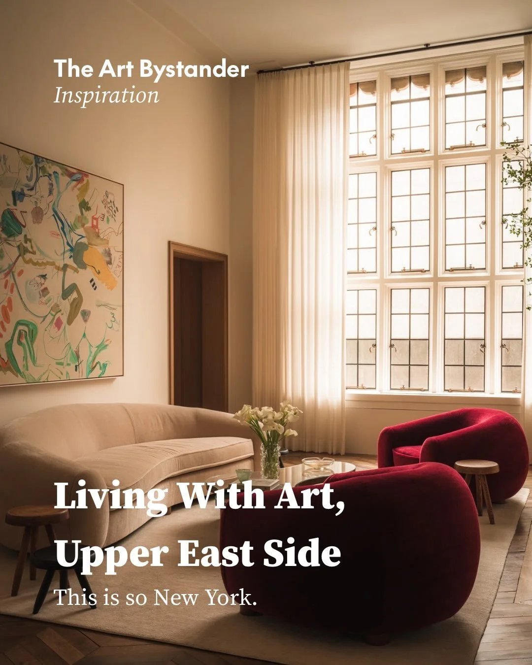 Sue Williams&rsquo;s painting hangs above a pale, curved sofa, its wandering lines and fragments of colour set against the substantial forms of two deep red armchairs. Tall windows illuminate the room, revealing the grain of the parquet and the textu