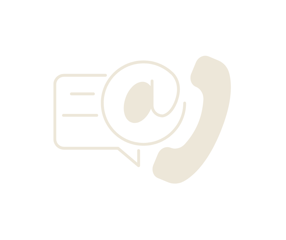 Outline of a chat bubble, an @ symbol inside a circle, and a telephone handset, indicating communication or customer support.