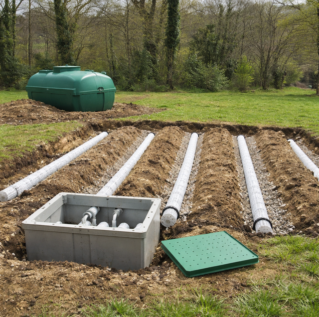 underground septic distribution box with outlet pipes at dusk