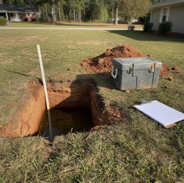 Freshly dug perc test hole filled with water