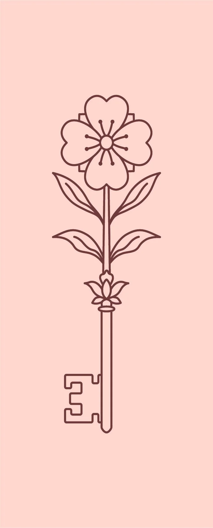Une illustration minimaliste d'une clé avec une tête de fleur. Fond rosé.