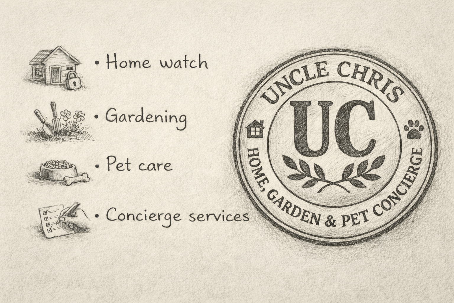 Hand-drawn menu featuring services for home watch, gardening, pet care, and concierge services, alongside a circular emblem with the text 'Uncle Chris UC Home, Garden & Pet Concierge'.