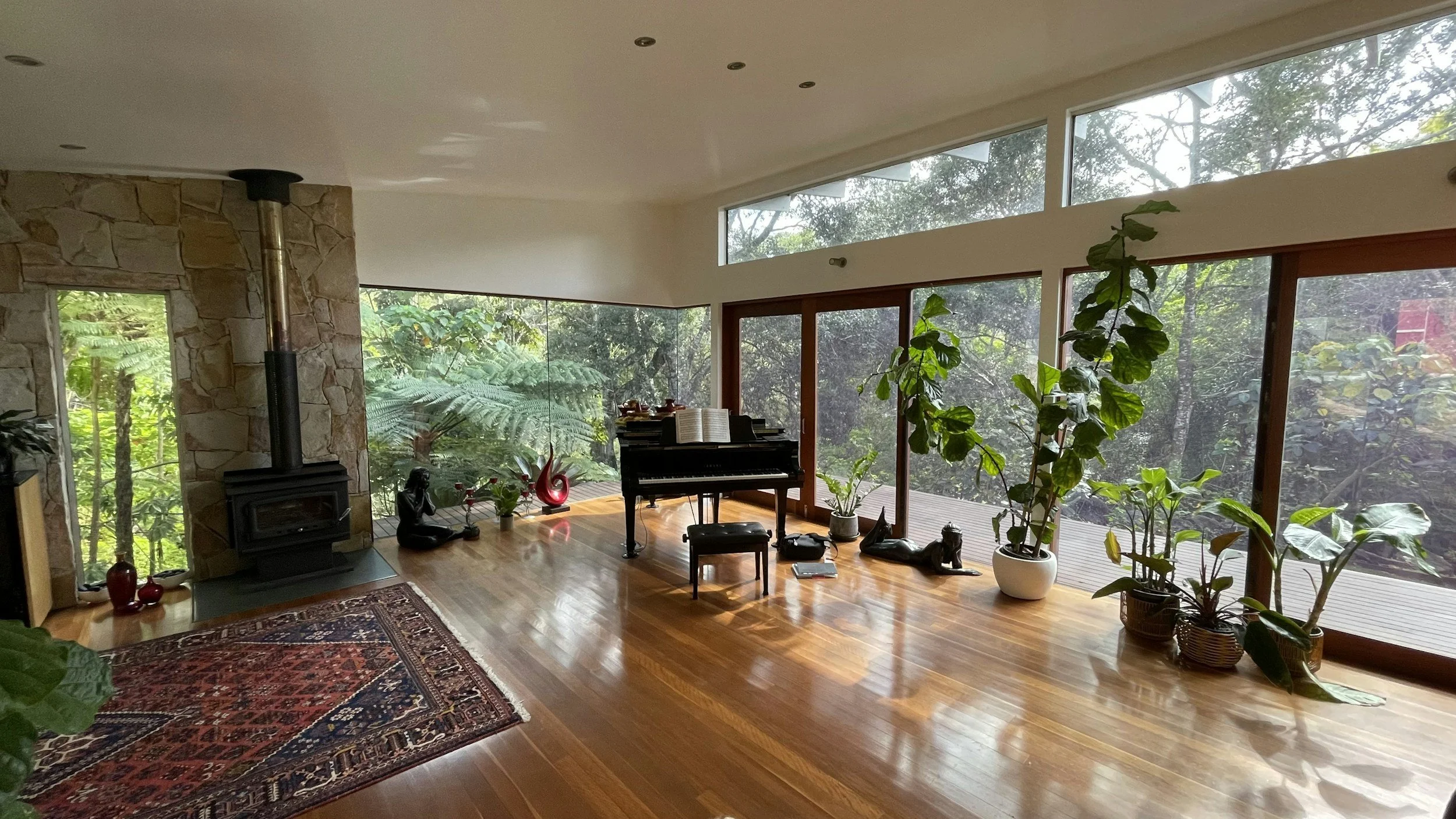 Bright living room with large windows, a black piano with sheet music, potted plants, a wood stove, a patterned rug, and wooden floors.