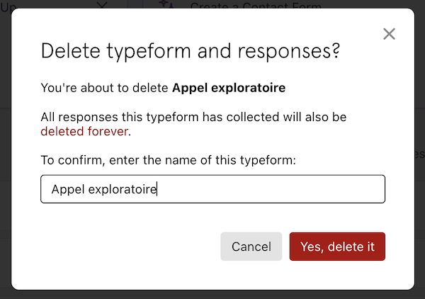 Modale de destruction sur Typeform quand on souhaite supprimer un formulaire