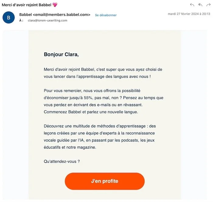 E-mail de Babbel pour souhaiter la bienvenue à l'utilisatrice qui vient de créer son compte