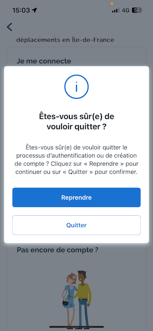 Modale de destruction sur Île-de-France Mobilités quand on souhaite quitter un parcours