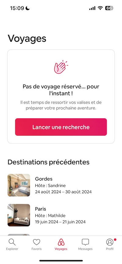 Empty state quand aucun voyage n'est programmé sur Airbnb