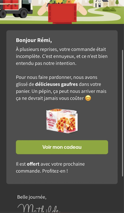 E-mail de Picnic envoyé pour s'excuser d'une commande incomplète