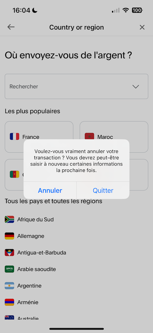 Modale de destruction sur PayPal quand on souhaite quitter le parcours de l'envoi d'argent