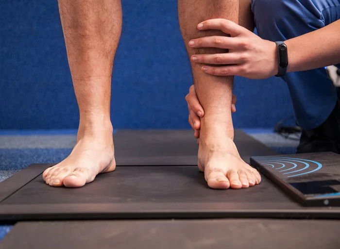 Medical professional examining a patient's ankles and feet during a podiatry session. Biomechanics.