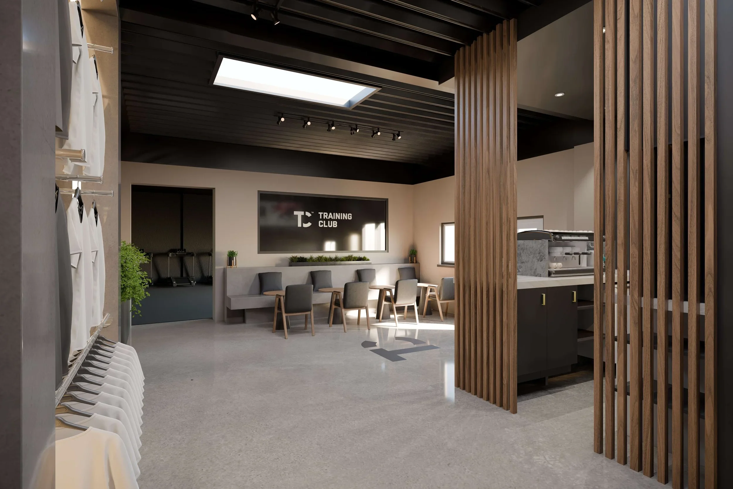 Modern gym lounge area with a TV displaying 'Training Club,' surrounding seating, a skylight in the ceiling, and wooden slat divider.
